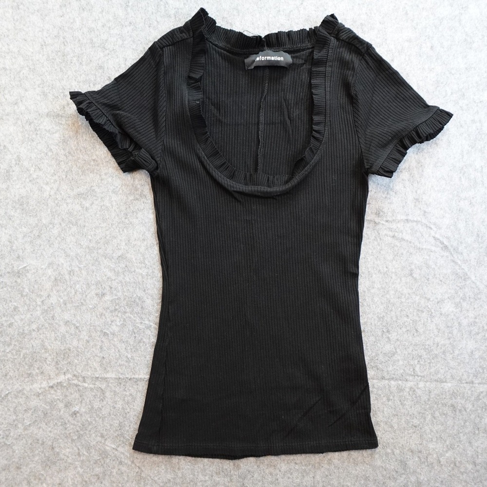 Reformation Top Women Extra Small Black Ribbed Ruffle‎ Trim Scoop Short Sleeve